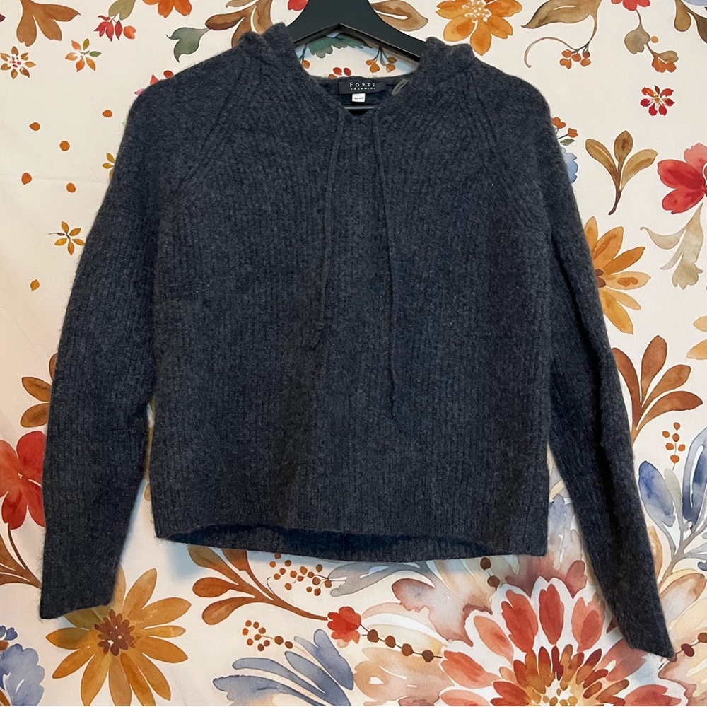 Forte Cashmere S/M Dark Grey Hooded Cropped Fall Winter Preppy Luxe Sweater